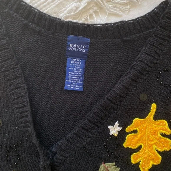 Vintage Y2K Autumn Fall Leaves Embroidered Black Ramie Cotton Knit Sweater Vest - Picture 9 of 9